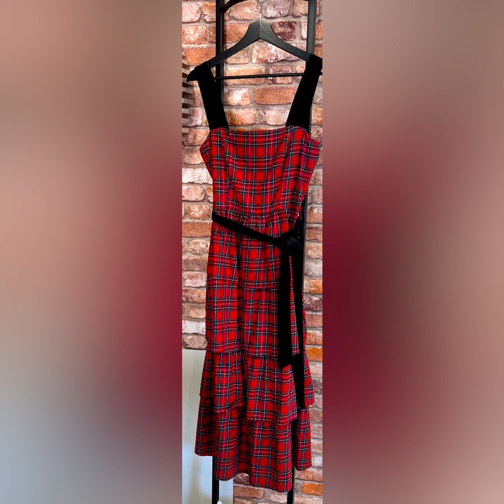 Layered Red Plaid Holiday Dress with Black Velvet Straps and Black Velvet Sash